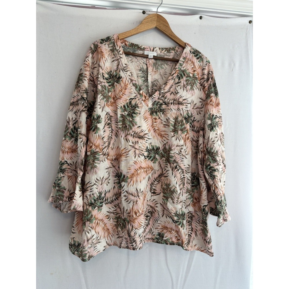 J Jill Love Linen Top 100% Linen Palm Leaf 3X Blouse V Neck 3/4 Bell Sleeve